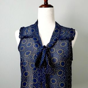 Band Of Gypsies Navy Blue Sheer Sleeveless Top, Neck Bow, Size Medium